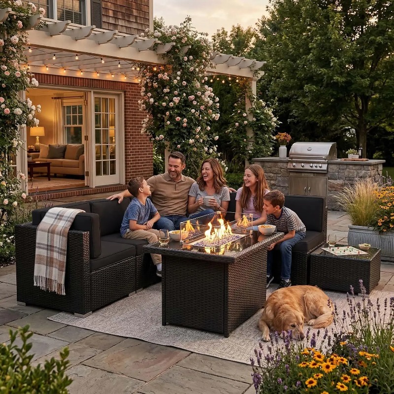 Outdoor Furniture With Fire Pit Table - 8-Piece Patio Wicker Sectional Sofa Set