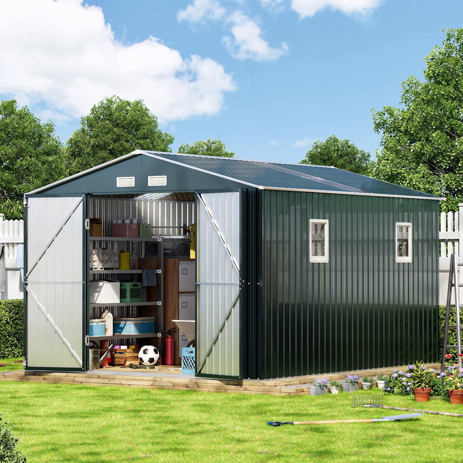 Outdoor Furniture For Patio - 10x12X7.5FT Outdoor Steel Storage Shed with