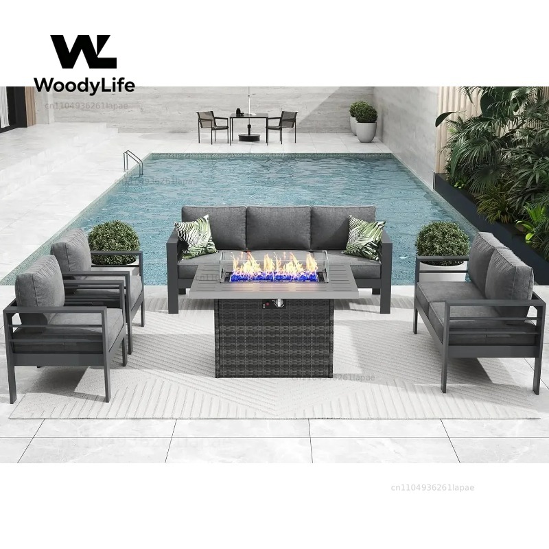 L5 Pieces Modern Aluminum Pati - Outdoor Furniture With Fire Pit Table ulasan dan harga