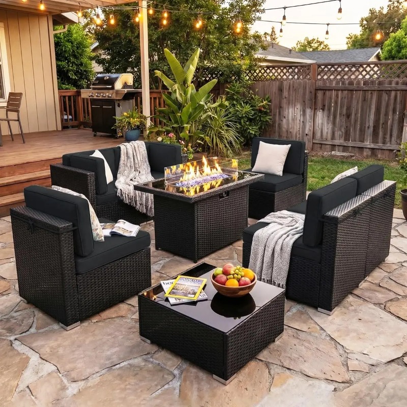 8-Piece Patio Wicker Sectional - Outdoor Furniture With Fire Pit Table ulasan dan harga